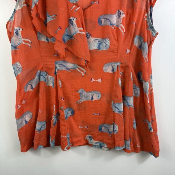 Anthropologie Meadow Rue Orange Dog Print Blouse 10P Ruffle Pleated Sheer Cotton - Picture 4 of 15